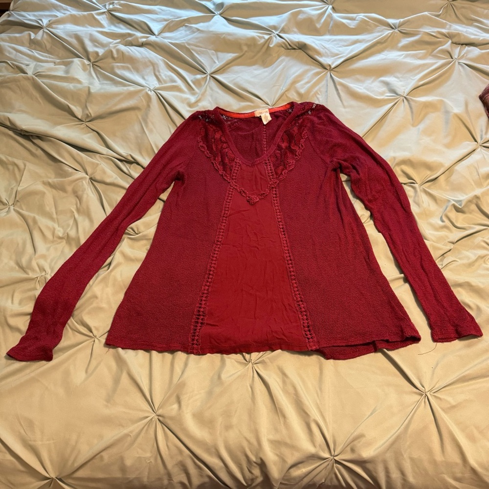 Chic Maroon Lace-Trimmed Blouse